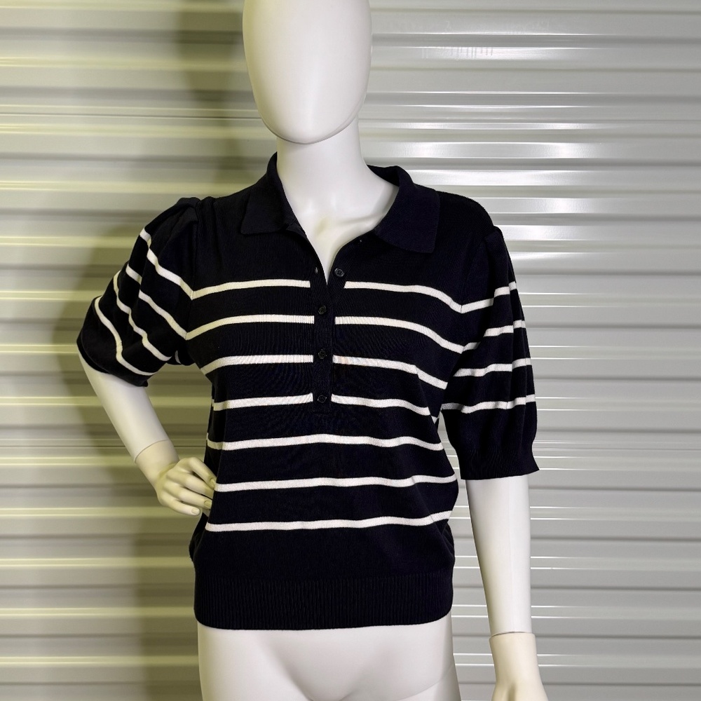 Women's Navy and White Striped Short Sleeve Polo Sweater